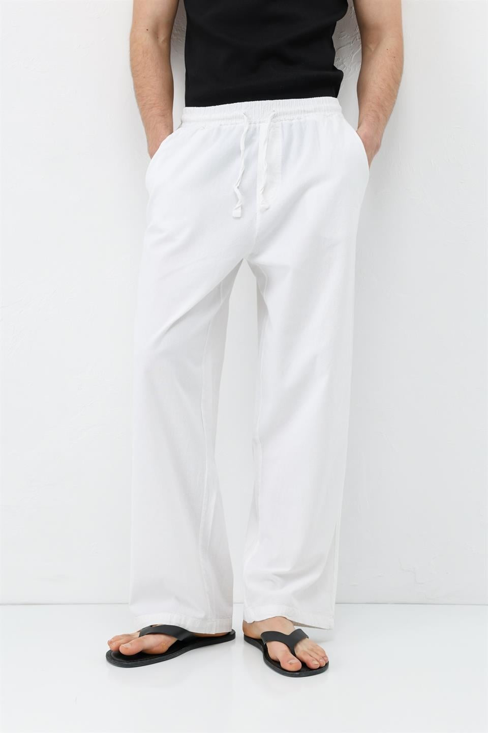 Baggy-Fit Linen Pants with Elastic Waistband