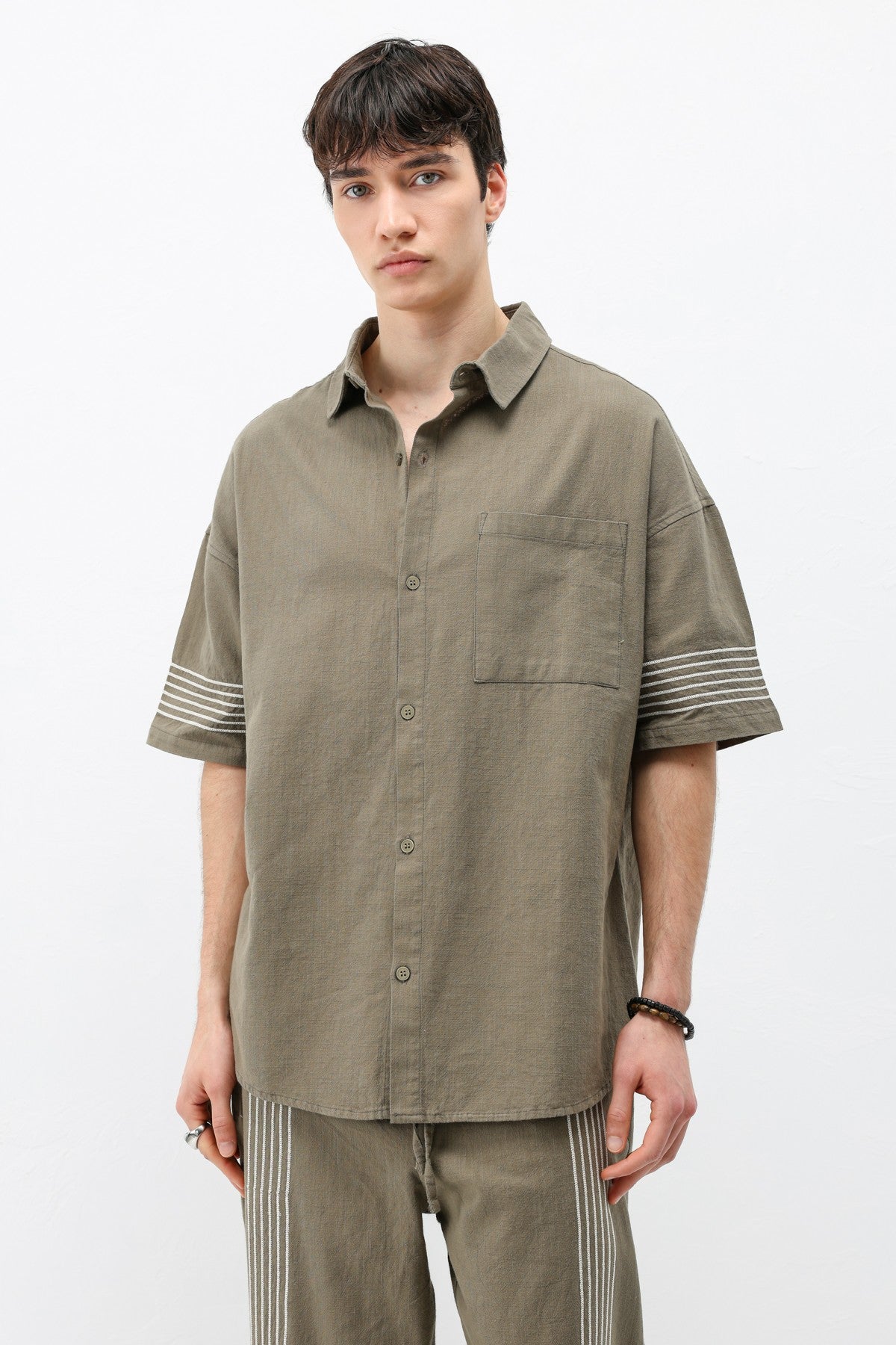 Oversized Linen Set with Striped Details