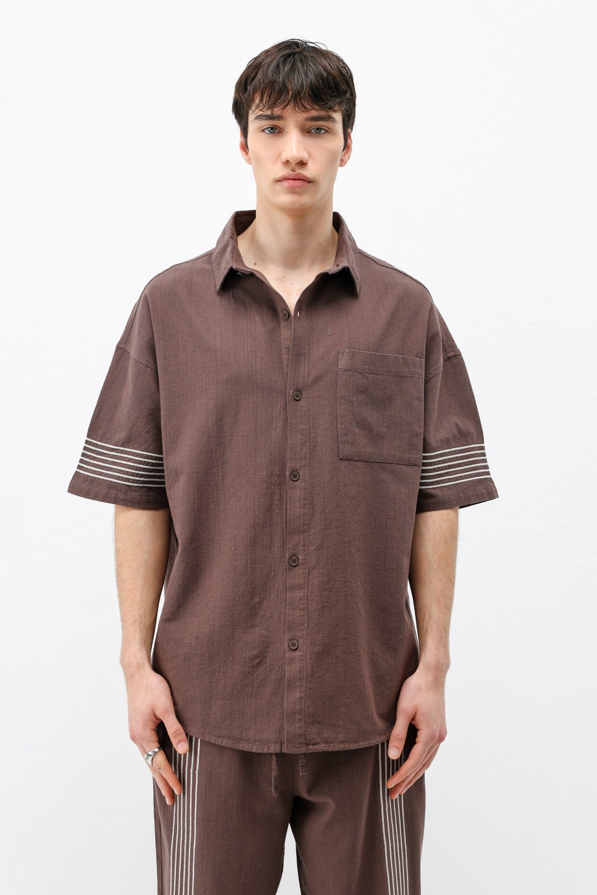 Oversized Linen Set with Striped Details