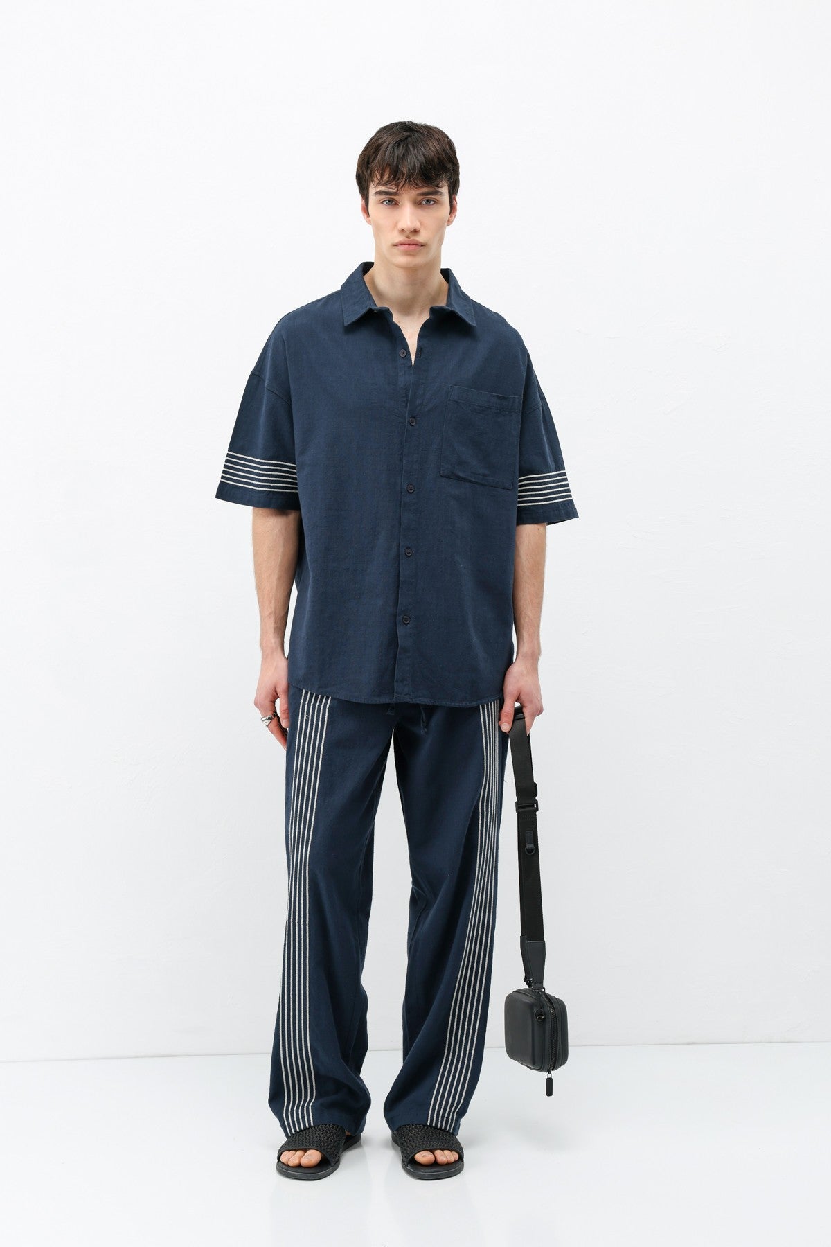 Oversized Linen Set with Striped Details