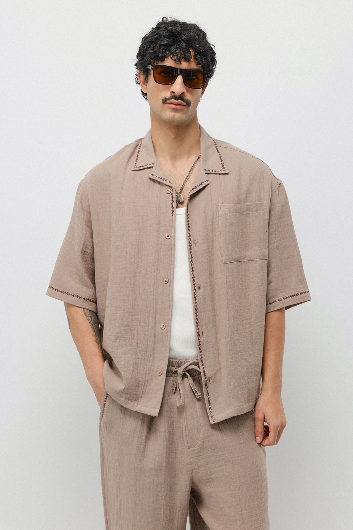 Embroidered Muslin Shirt and Wide-Leg Pants Set