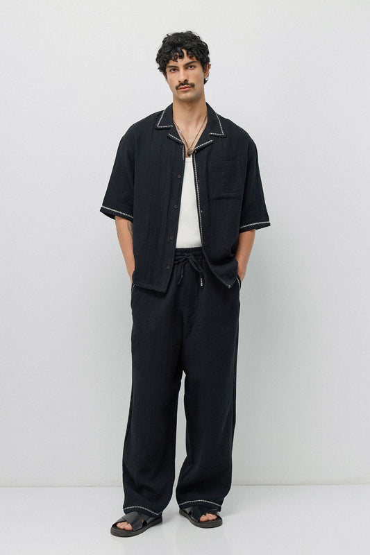 Embroidered Muslin Shirt and Wide-Leg Pants Set