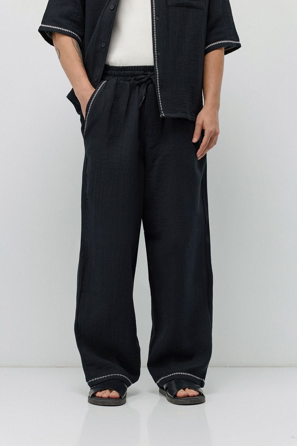 Embroidered Muslin Shirt and Wide-Leg Pants Set
