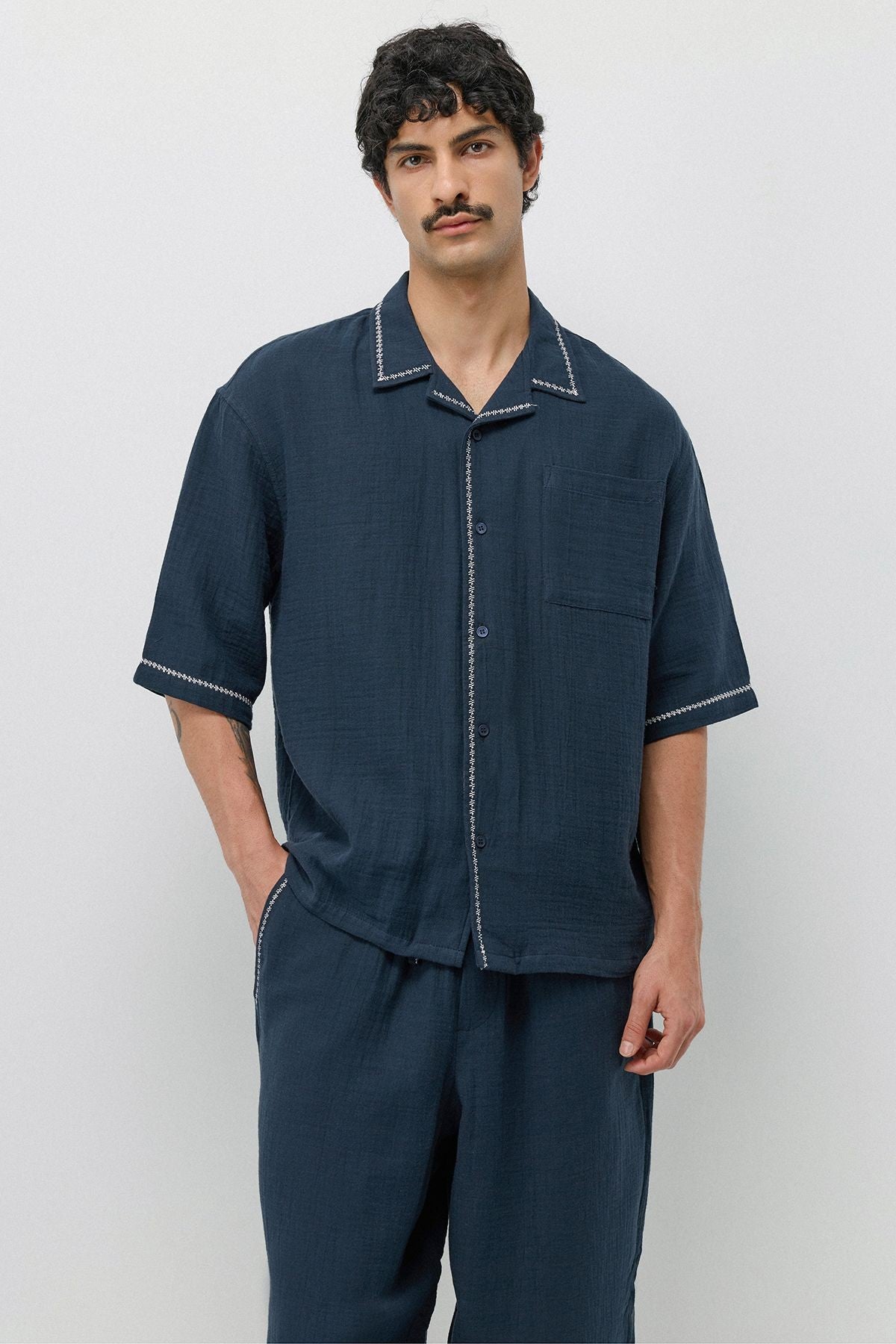 Embroidered Muslin Shirt and Wide-Leg Pants Set