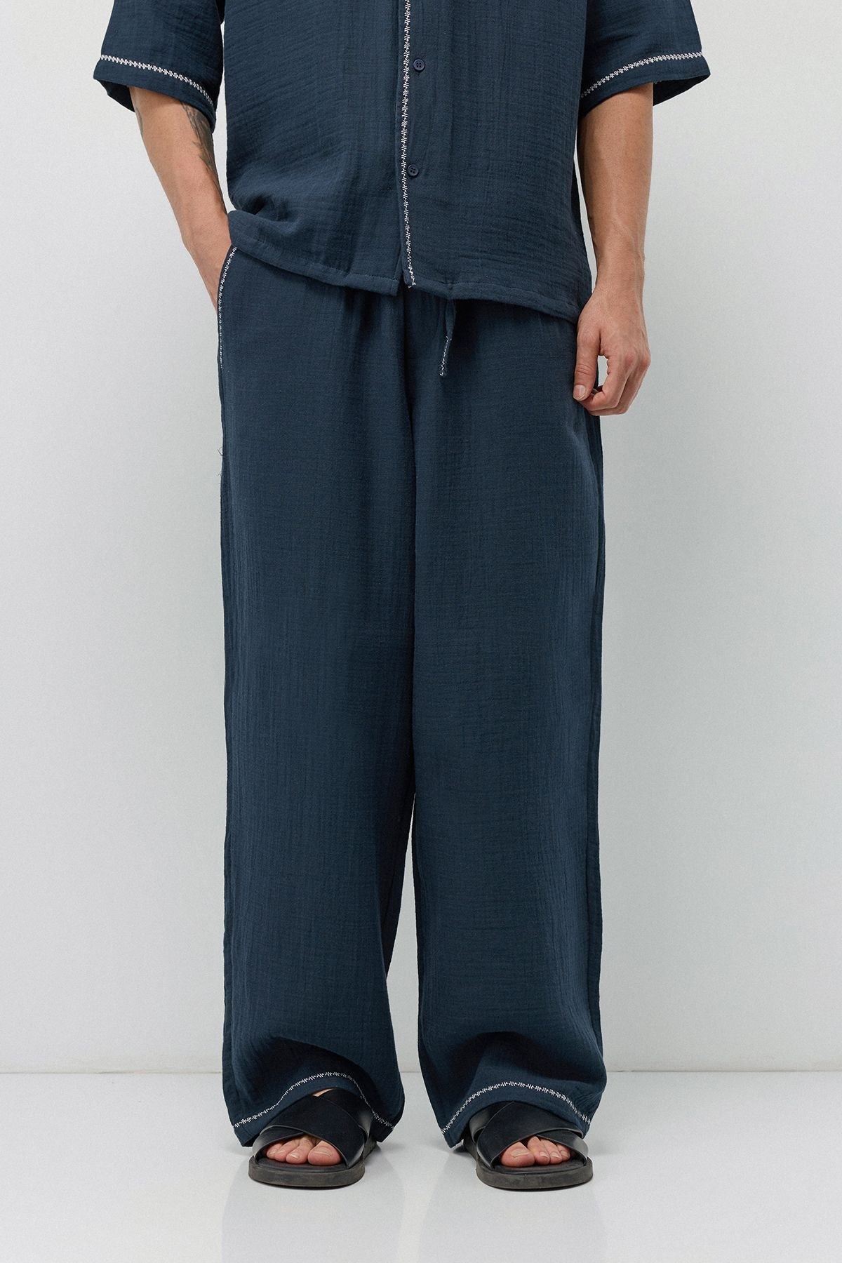 Embroidered Muslin Shirt and Wide-Leg Pants Set