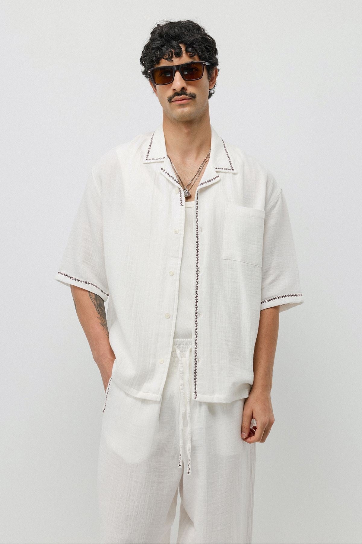 Embroidered Muslin Shirt and Wide-Leg Pants Set