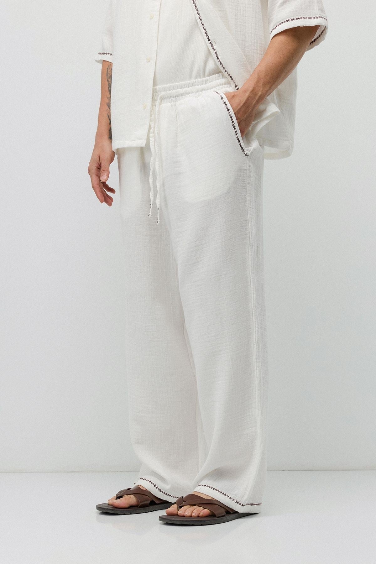Embroidered Muslin Shirt and Wide-Leg Pants Set