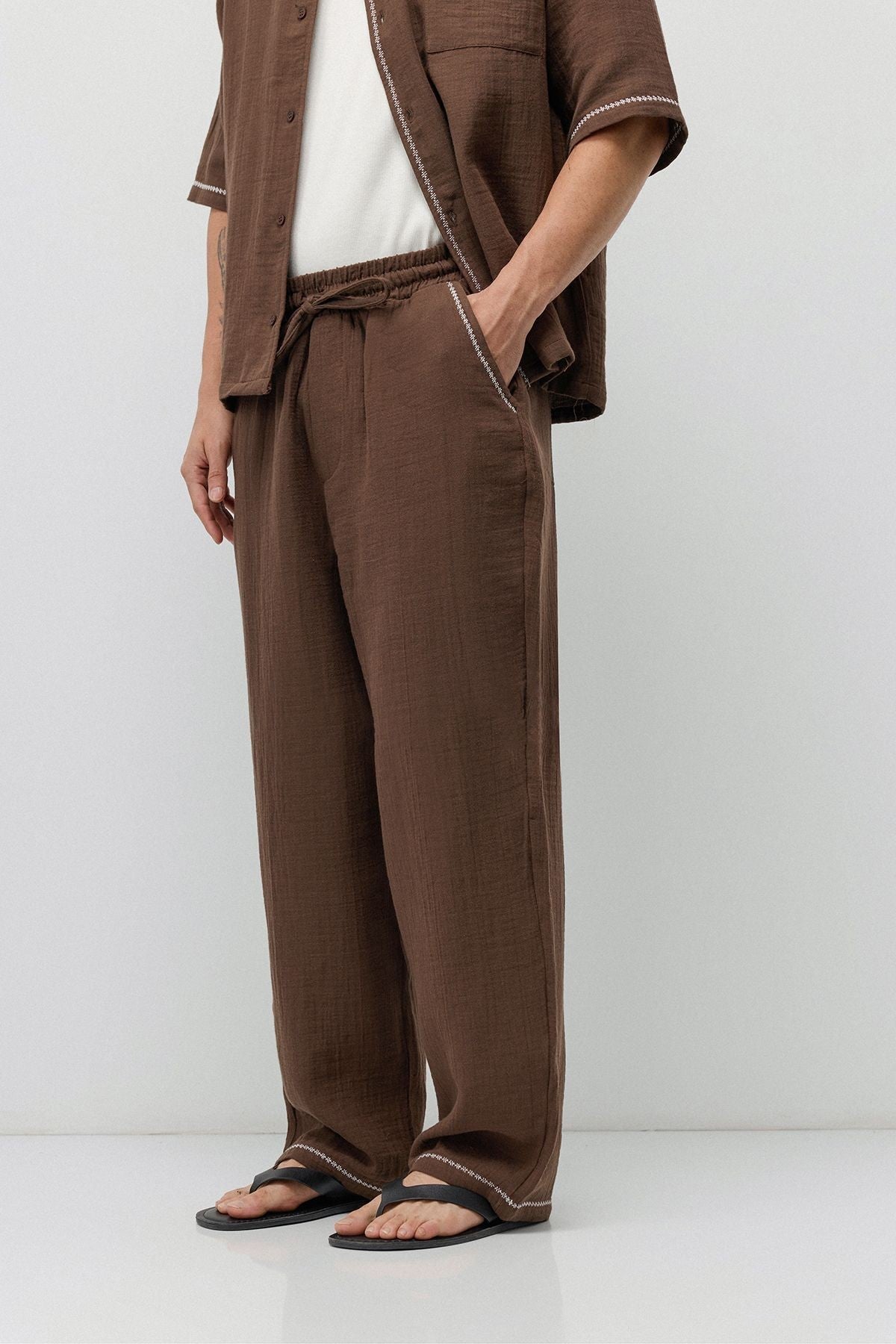 Embroidered Muslin Shirt and Wide-Leg Pants Set