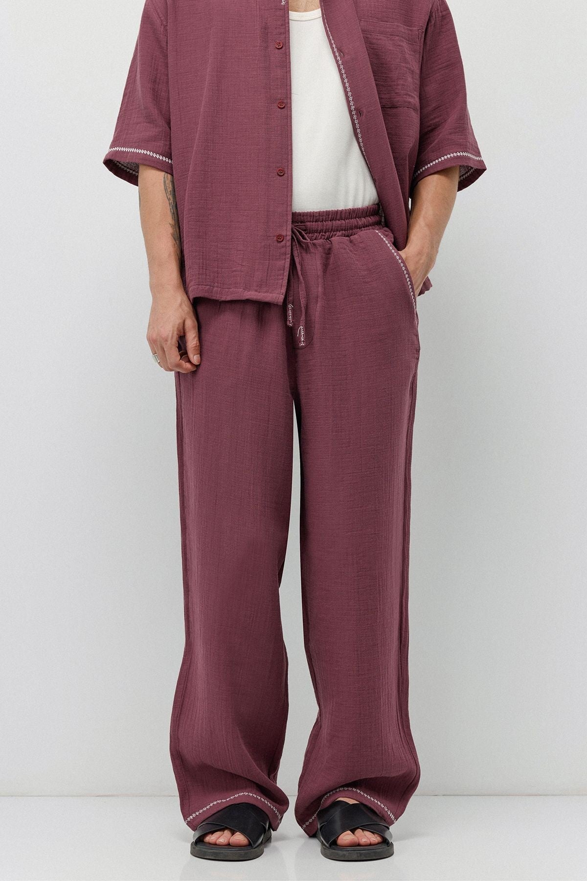 Embroidered Muslin Shirt and Wide-Leg Pants Set