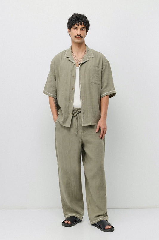 Embroidered Muslin Shirt and Wide-Leg Pants Set