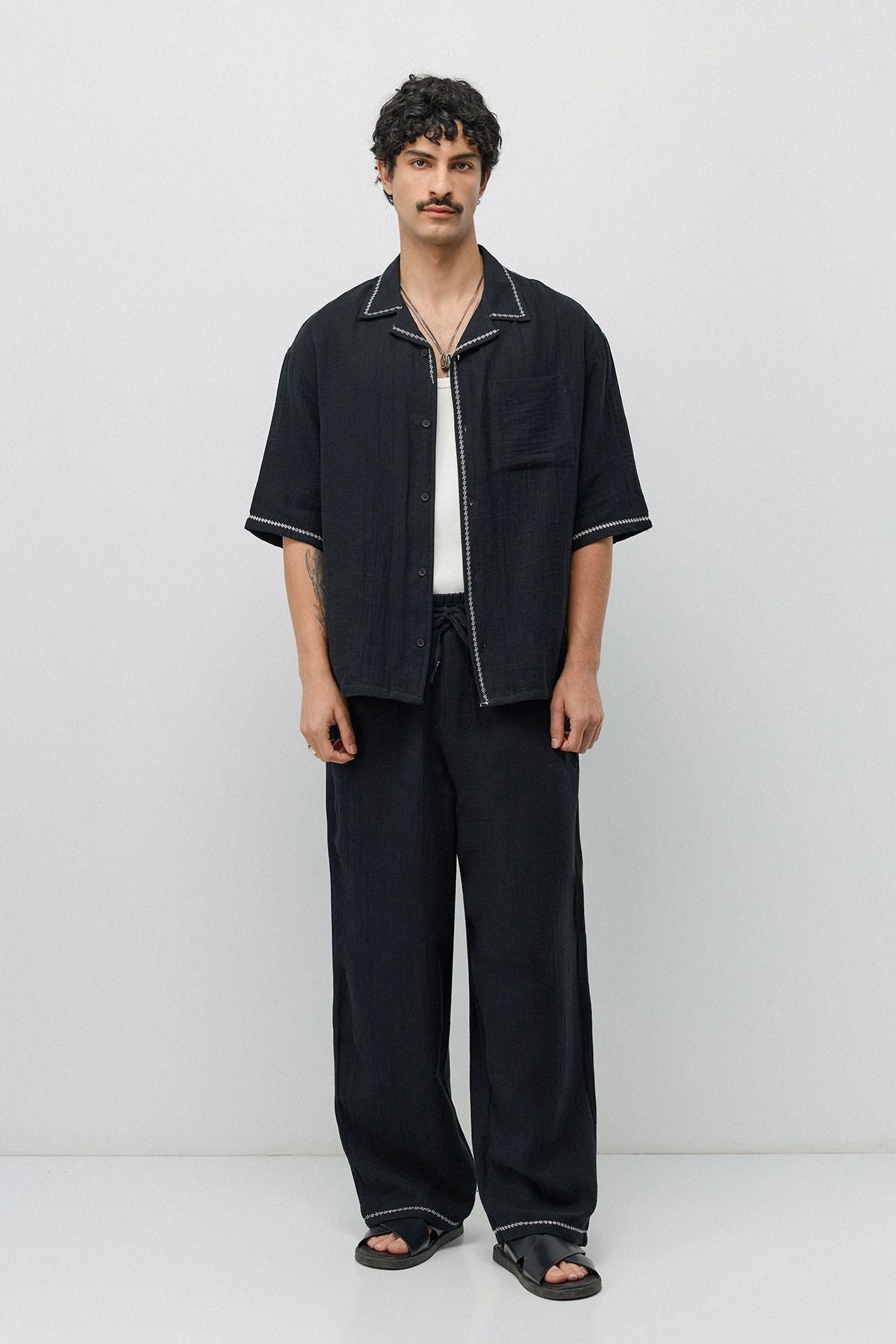 Embroidered Muslin Shirt and Wide-Leg Pants Set