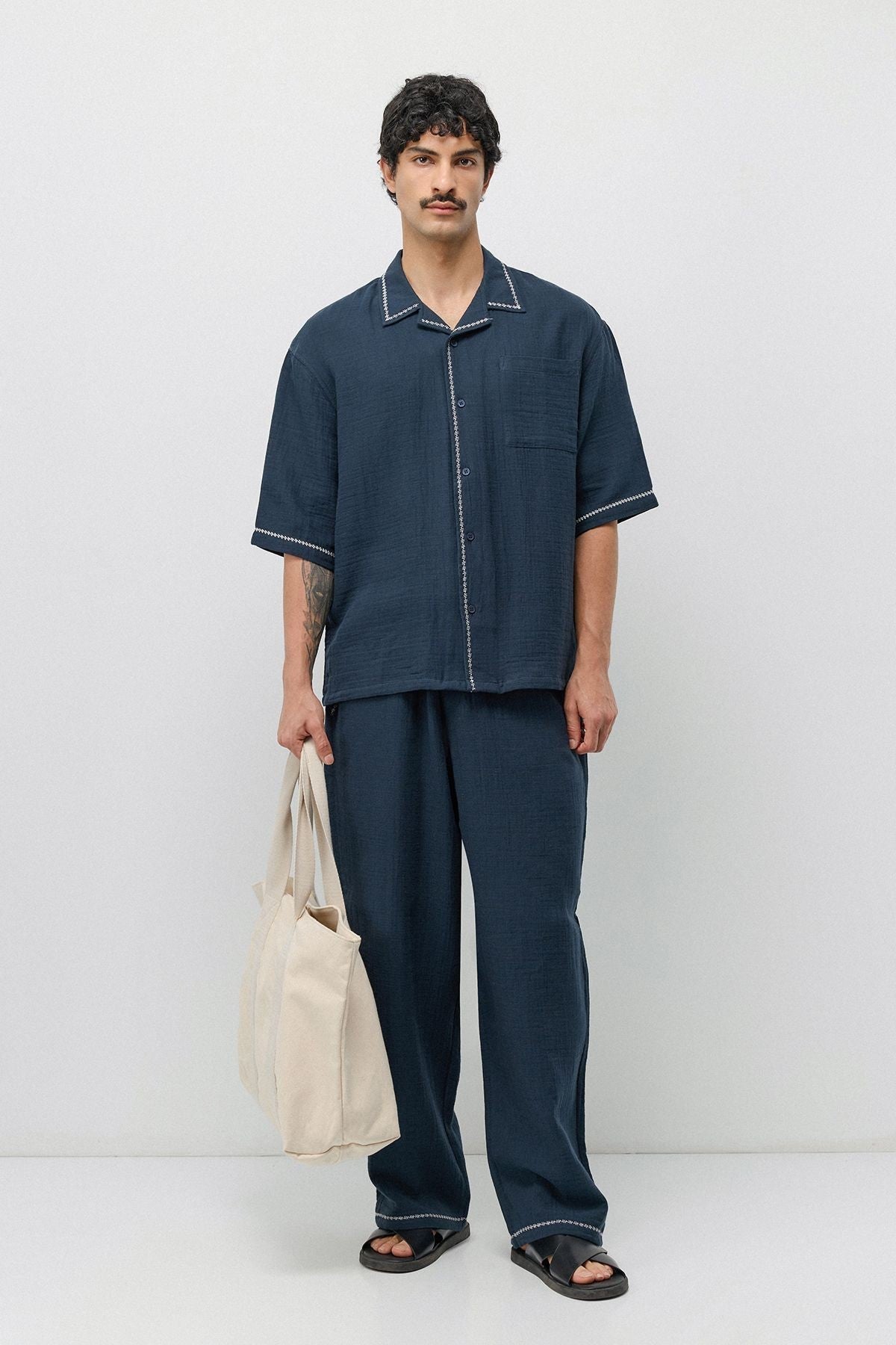 Embroidered Muslin Shirt and Wide-Leg Pants Set