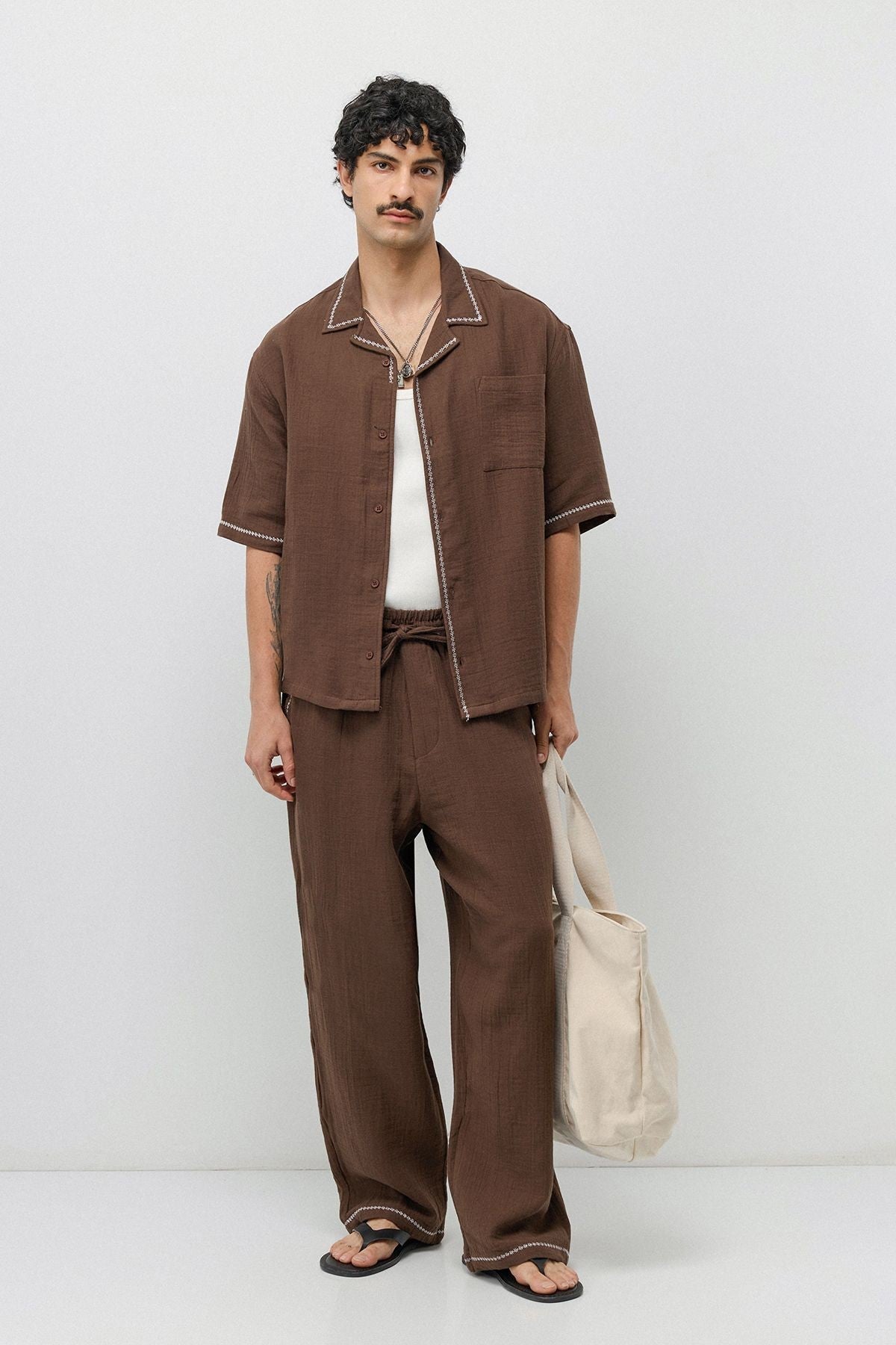 Embroidered Muslin Shirt and Wide-Leg Pants Set