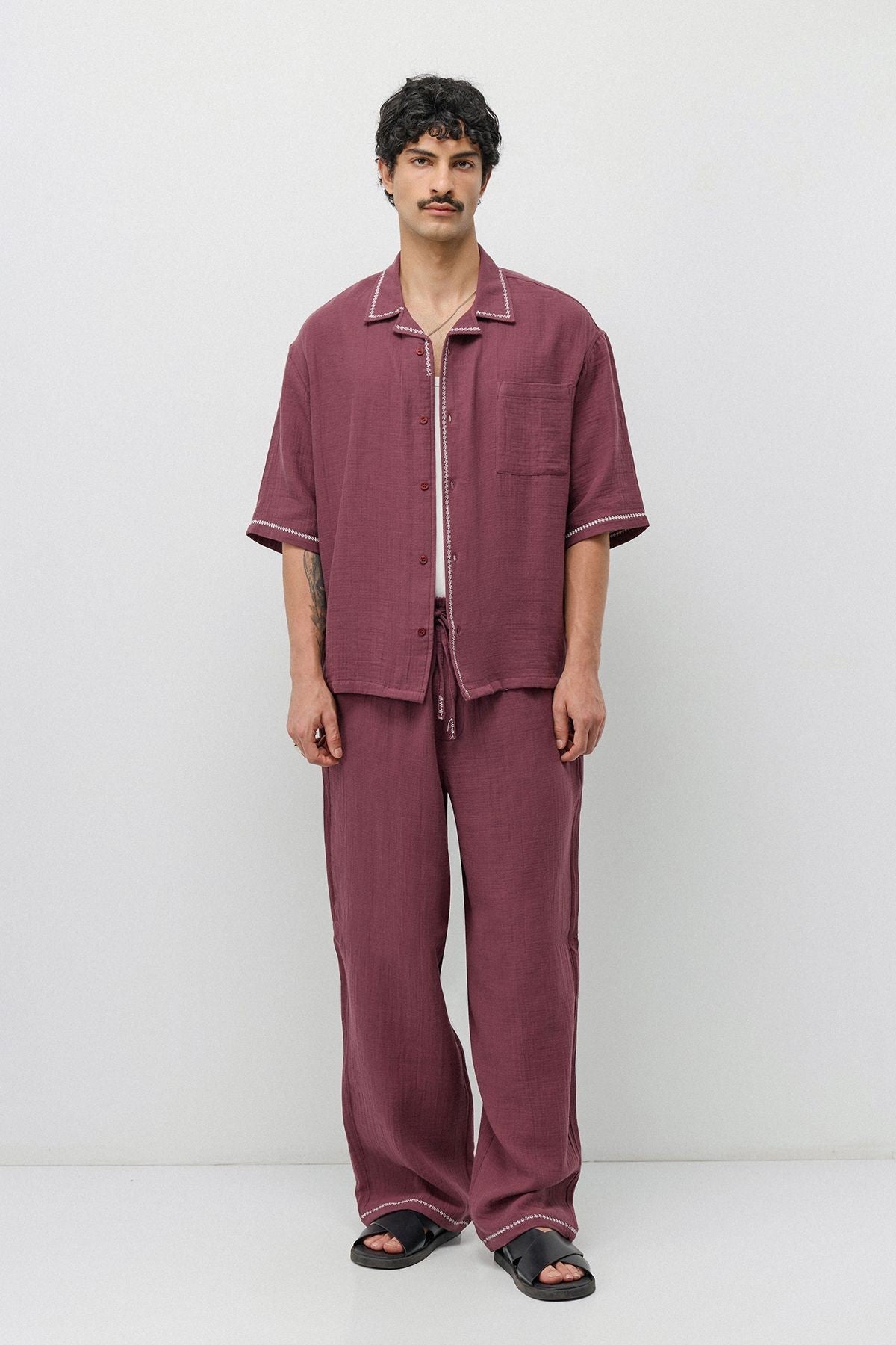 Embroidered Muslin Shirt and Wide-Leg Pants Set