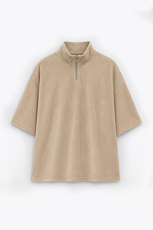 Oversized Ribbed T-Shirt with Half-Zip