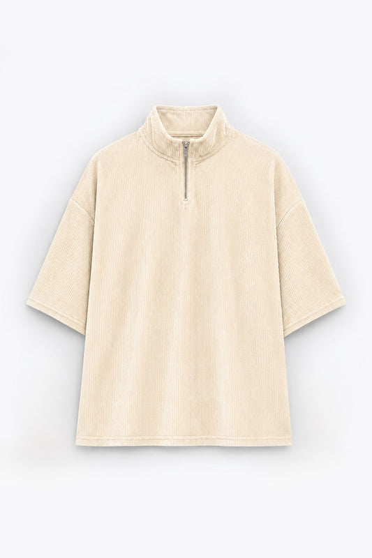Oversized Ribbed T-Shirt with Half-Zip